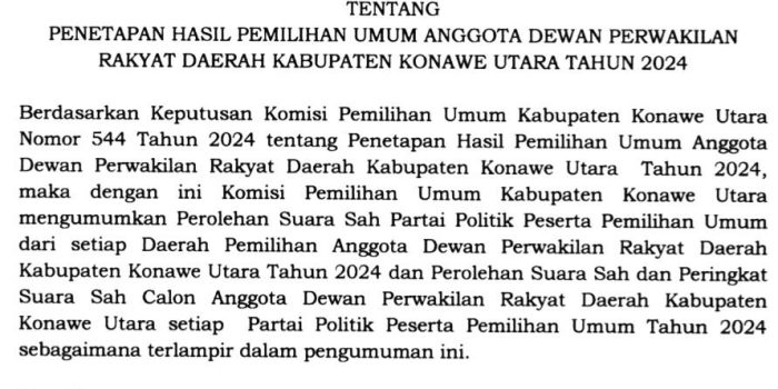 KPU Konut Resmi Rilis Hasil Pleno DPRD, Berikut Nama-Nama Anggota DPRD Terpilih Konawe Utara Periode 2024-2029