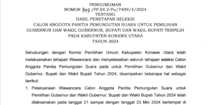 PENGUMUMAN HASIL PENETAPAN SELEKSI CALON ANGGOTA PPS PEMILIHAN GUBERNUR DAN WAGUB, BUPATI DAN WAKIL BUPATI, WALIKOTA DAN WAKIL WALIKOTA DI KABUPATEN KONUT