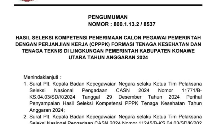 Pemda Konawe Utara Umumkan Hasil Seleksi CPPPK Lingkup Konut