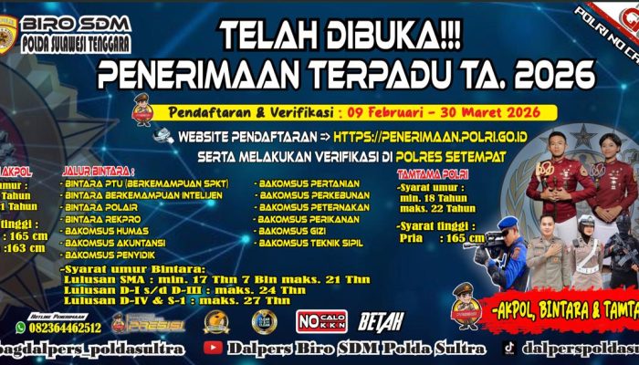 Polres Konut Umumkan Penerimaan Polri 2026, Pendaftaran Hingga 30 Maret